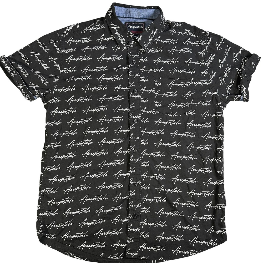 Aeropostale Mens Short Sleeve Button Down Shirt Black White Script Logo Large